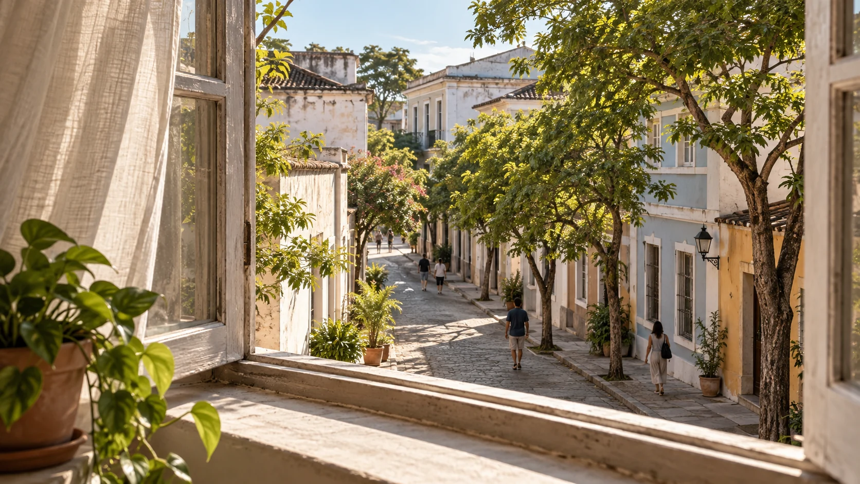 Janela imaginária aberta para uma rua arborizada.