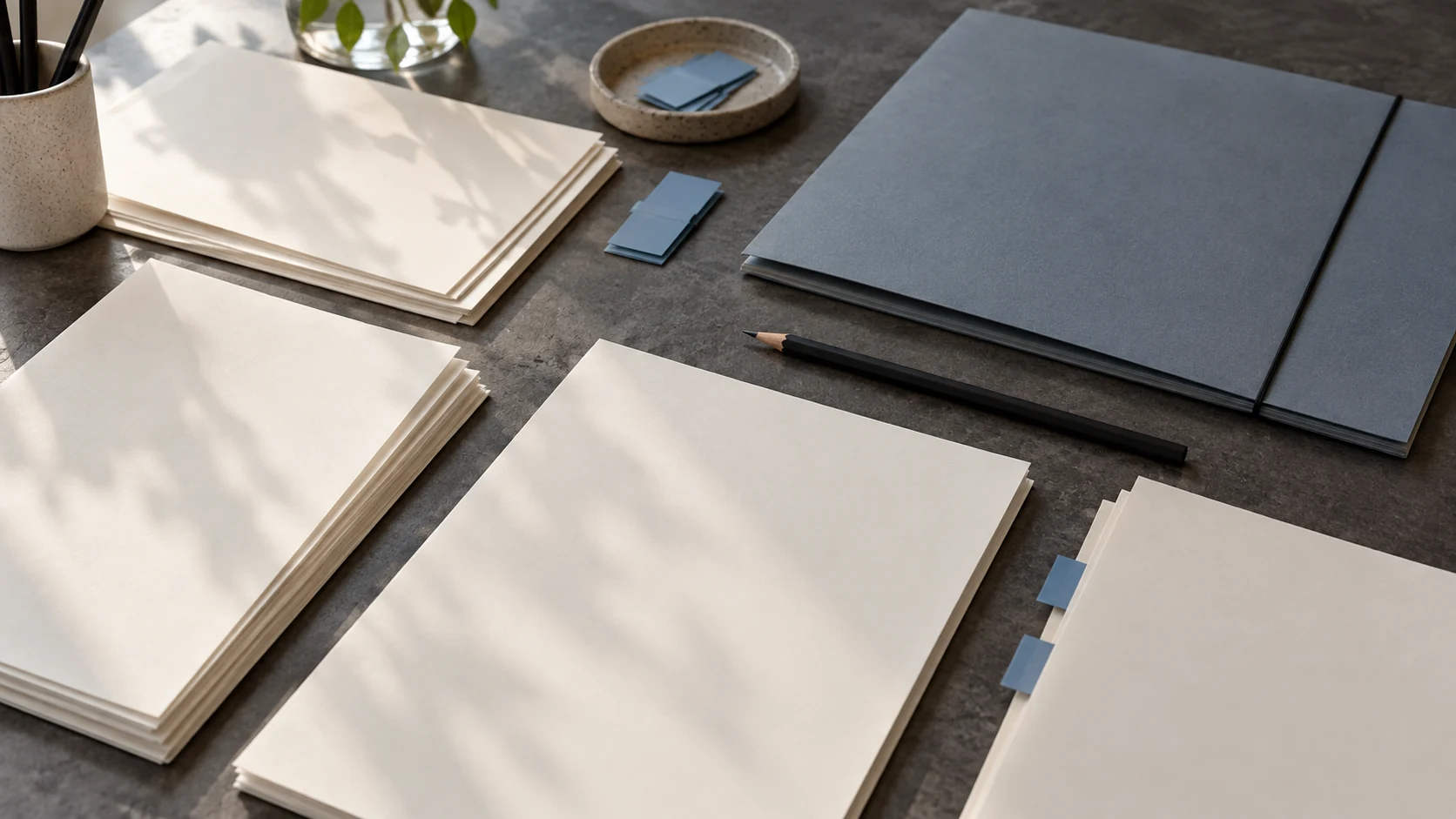 Papéis sem escrita legível, cadernos claros e pasta azul sobre uma mesa.